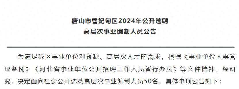 唐山市曹妃甸区2024年公开选聘高层次事业编制人员公告
